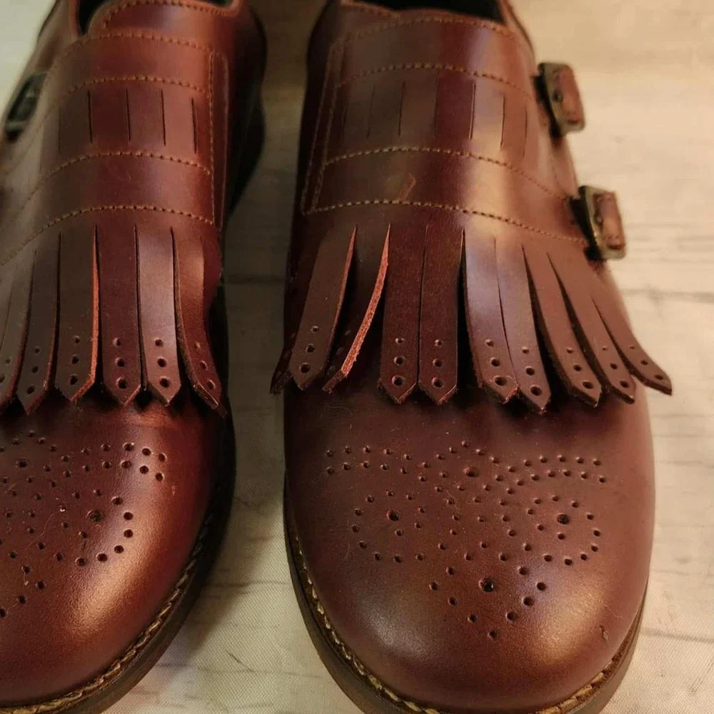 Burgundy Leather Monk Strap Loafer Shoe with Fringe and Brogue‎ Detail Men 40 eu